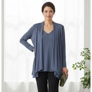 NWT KASPER L Blue Traveler's Knit Open Front Waterfall Cardigan Tank Top Twinset